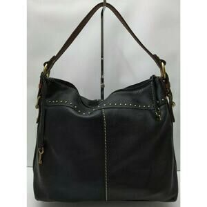Fossil Black Pebbles Leather Studded Zipper Closure Large Hobo Shoulder Bag